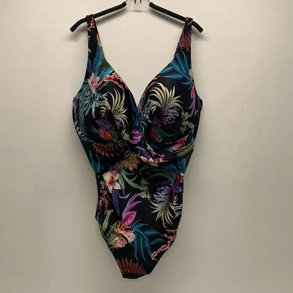 Terra and Sky Bathing Suit Black Floral One Piece Slimming Women's Plus Size 5X - Picture 5 of 13